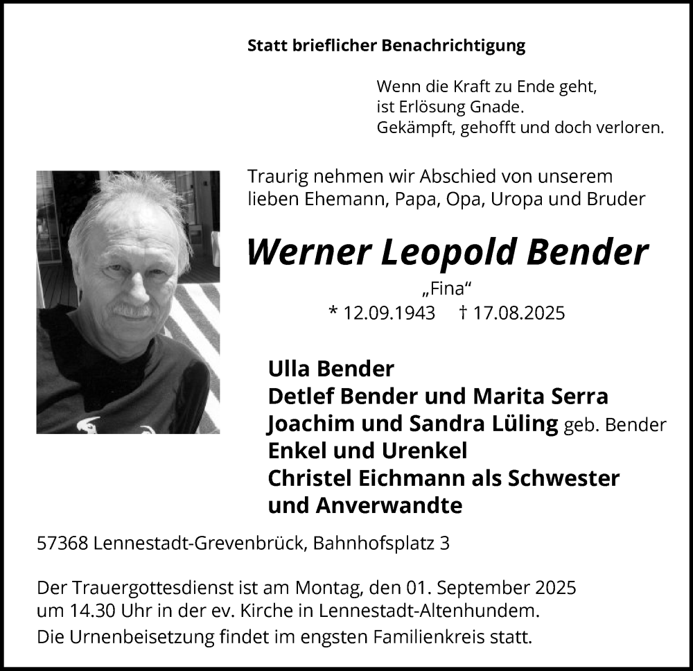  Traueranzeige für Werner Leopold Bender vom 23.08.2025 aus HASK