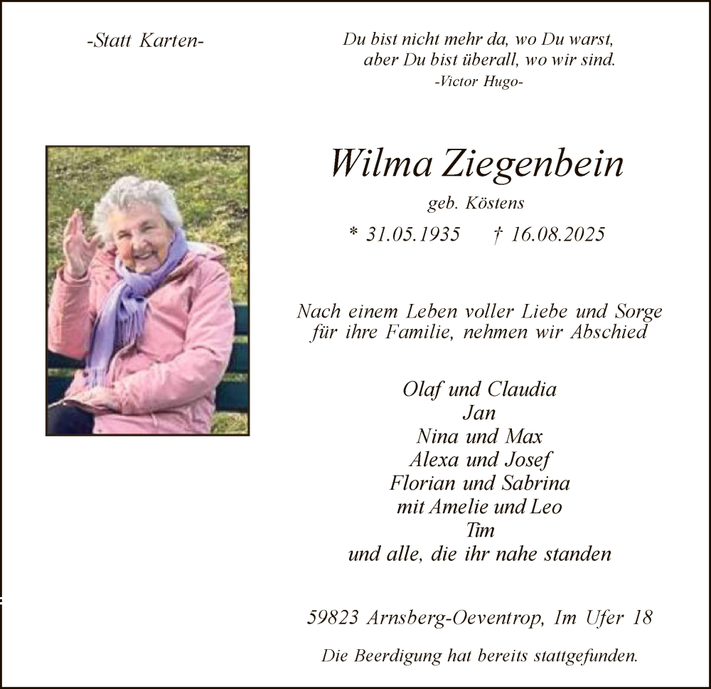  Traueranzeige für Wilma Ziegenbein vom 23.08.2025 aus HASK