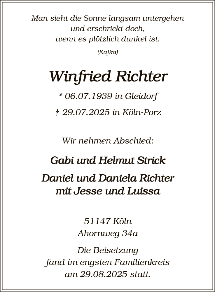  Traueranzeige für Winfried Richter vom 30.08.2025 aus HASK
