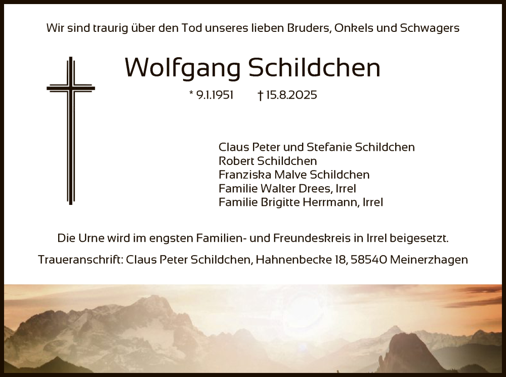  Traueranzeige für Wolfgang Schildchen vom 23.08.2025 aus HALN
