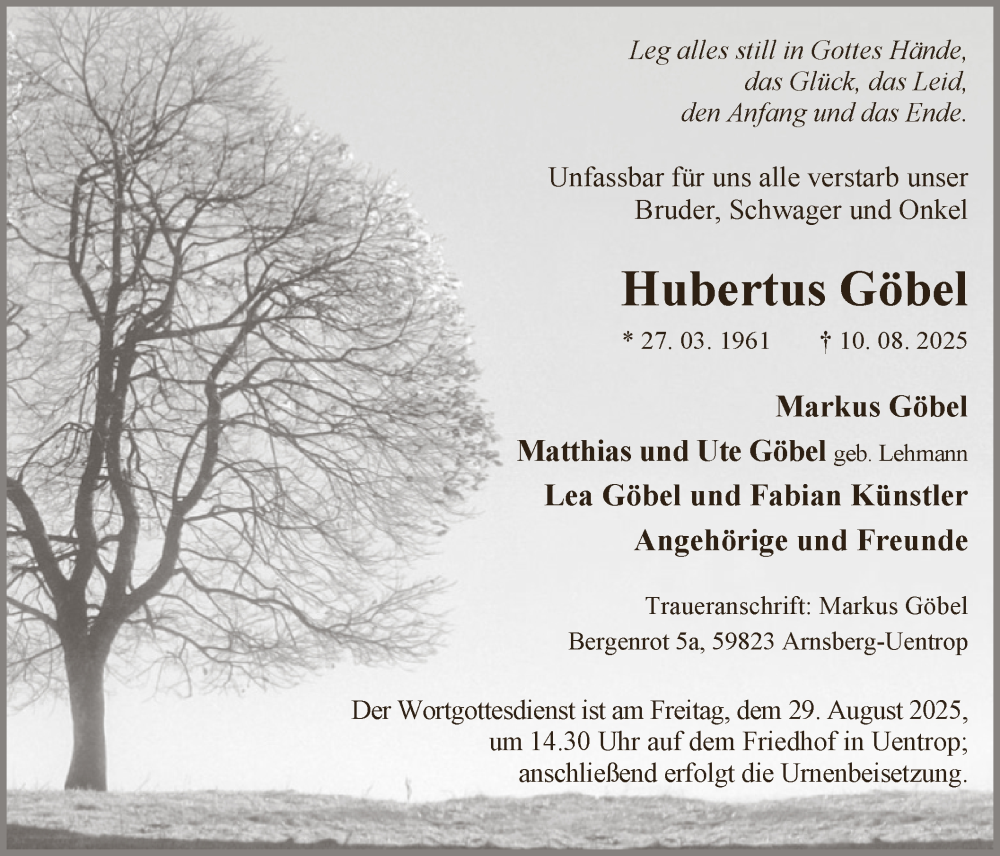  Traueranzeige für Hubertus Göbel vom 23.08.2025 aus HASK