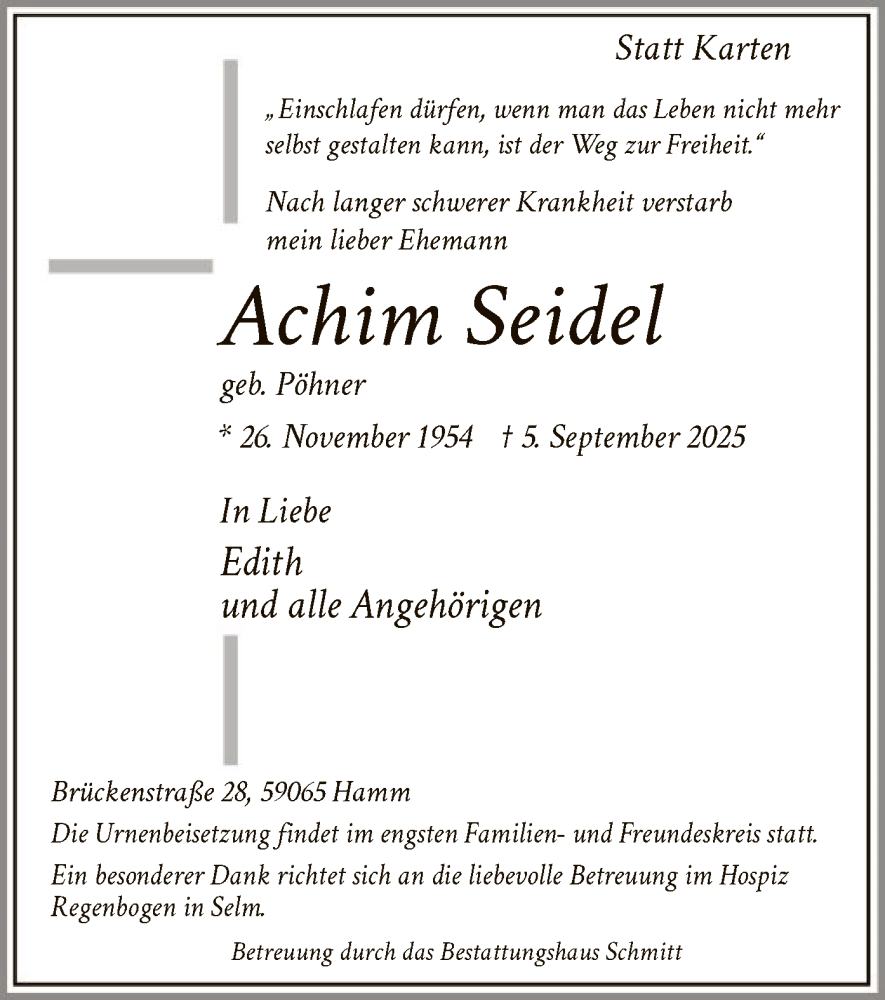  Traueranzeige für Achim Seidel vom 13.09.2025 aus HAWA