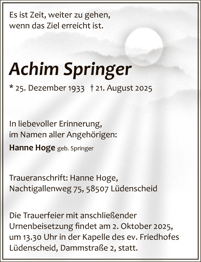  Traueranzeige für Achim Springer vom 27.09.2025 aus HALN