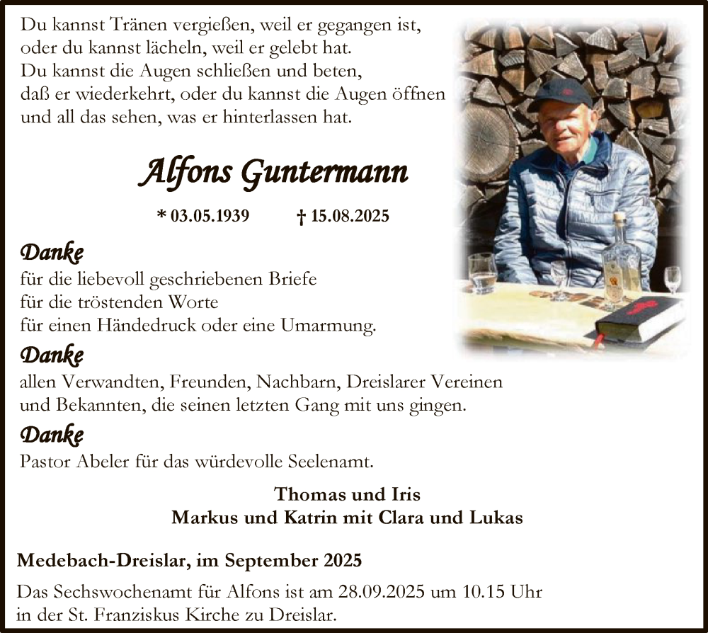  Traueranzeige für Alfons Guntermann vom 20.09.2025 aus HASK