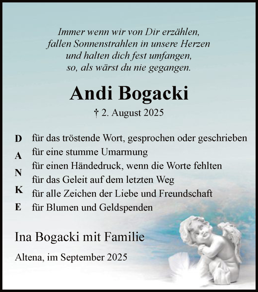  Traueranzeige für Andi Bogacki vom 27.09.2025 aus HALN