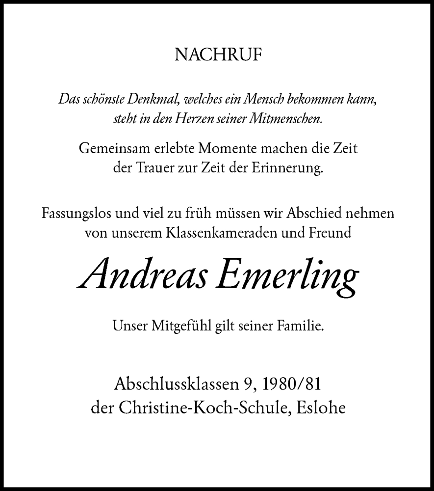  Traueranzeige für Andreas Emerling vom 13.09.2025 aus HASK