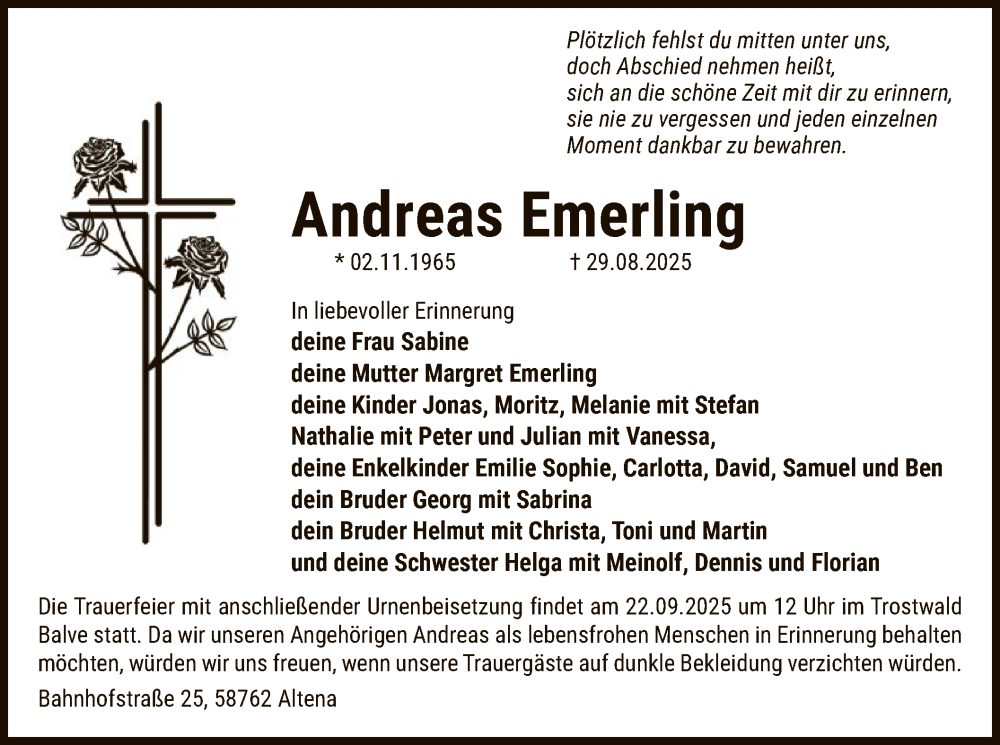 Traueranzeige für Andreas Emerling vom 13.09.2025 aus HASK