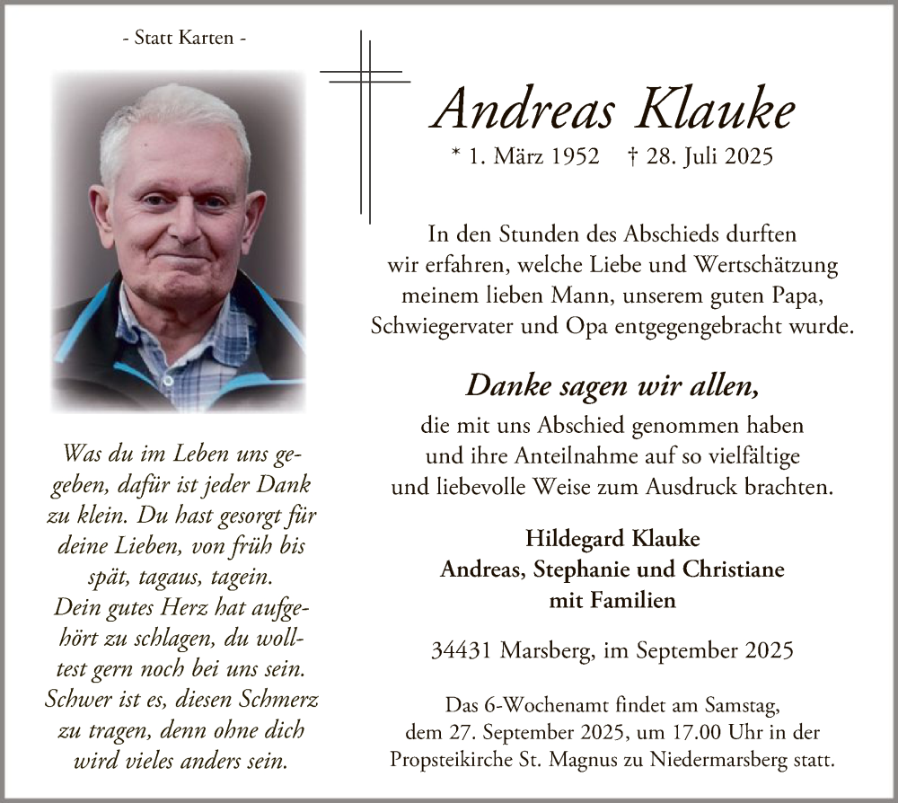  Traueranzeige für Andreas Klauke vom 13.09.2025 aus HASK