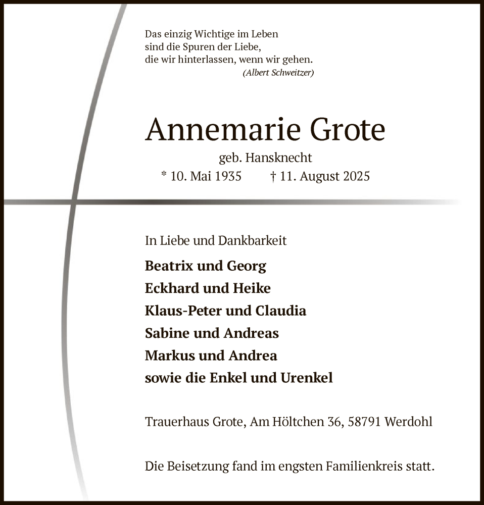  Traueranzeige für Annemarie Grote vom 06.09.2025 aus HALN
