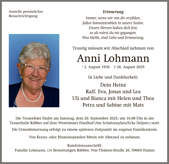 Traueranzeige von Anni Lohmann von HAWA