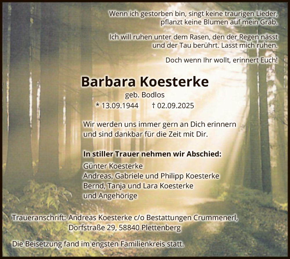 Traueranzeige für Barbara Koesterke vom 09.09.2025 aus HALN