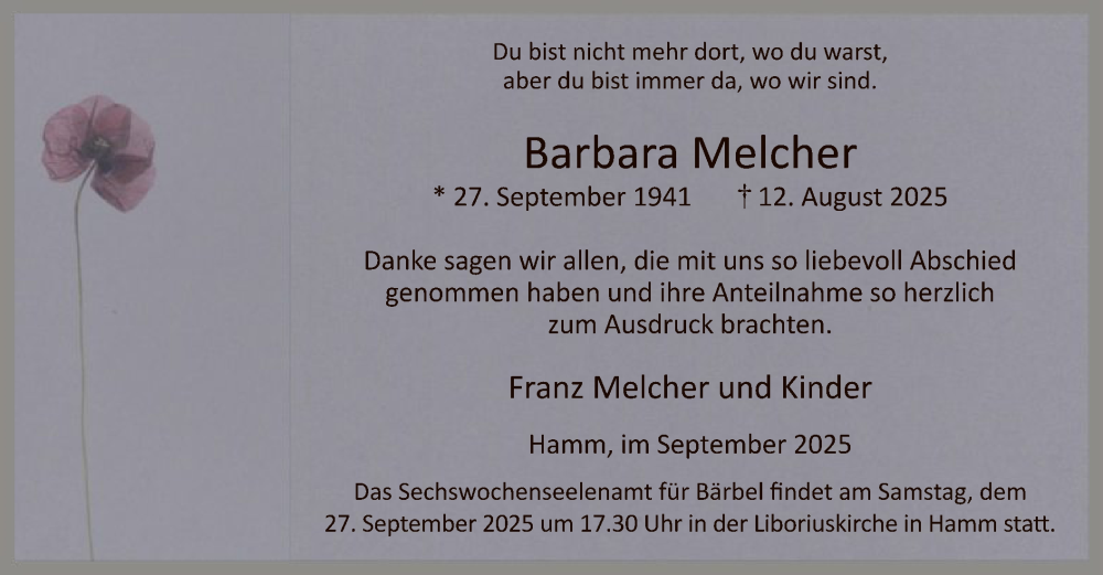  Traueranzeige für Barbara Melcher vom 20.09.2025 aus HAWA