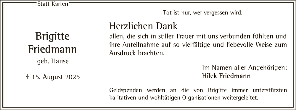  Traueranzeige für Brigitte Friedmann vom 06.09.2025 aus HALN