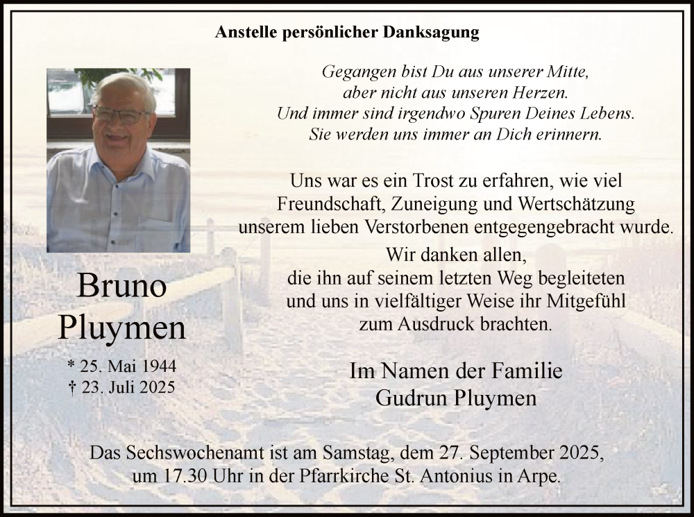  Traueranzeige für Bruno Pluymen vom 20.09.2025 aus HASK