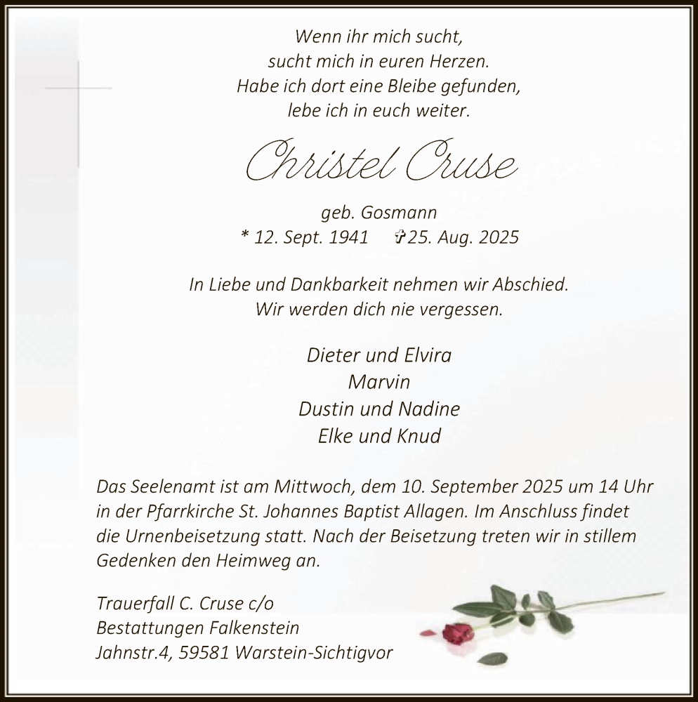  Traueranzeige für Christel Cruse vom 03.09.2025 aus HASO