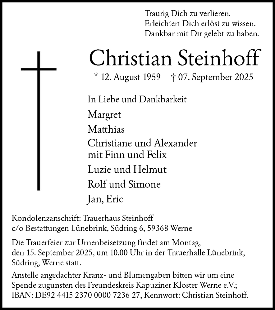  Traueranzeige für Christian Steinhoff vom 12.09.2025 aus HAWA
