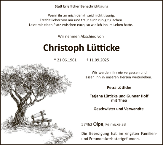 Traueranzeige von Christoph Lütticke von HASK