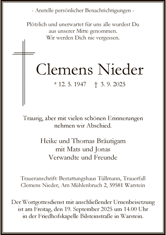  Traueranzeige für Clemens Nieder vom 06.09.2025 aus HASKHASO