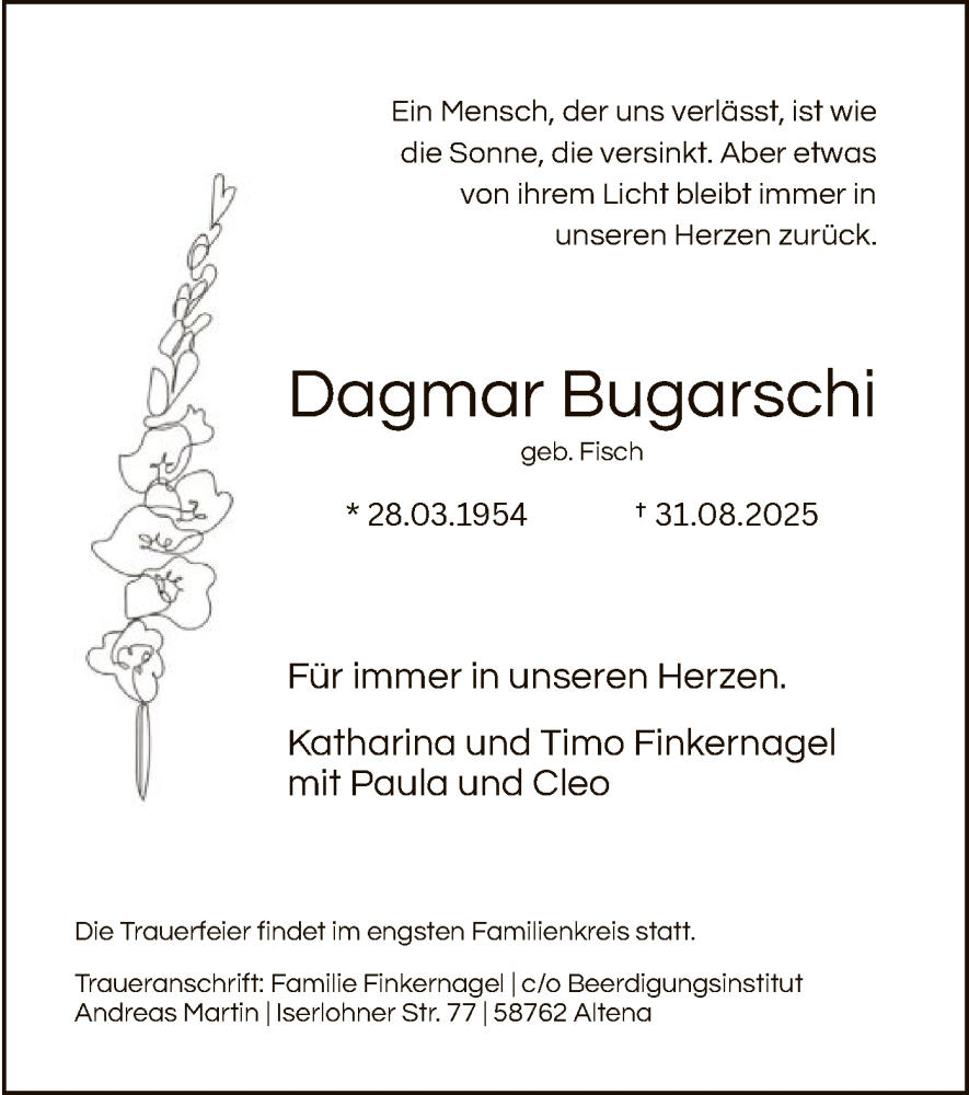  Traueranzeige für Dagmar Bugarschi vom 13.09.2025 aus HALN