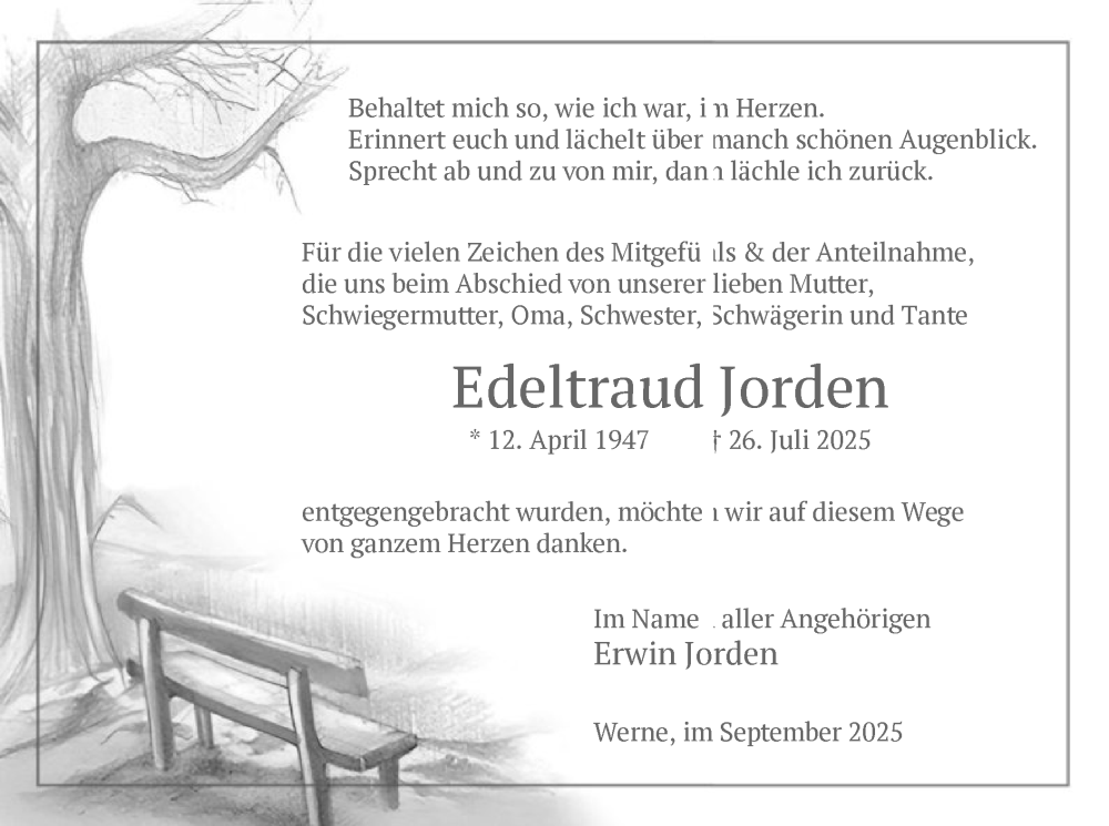  Traueranzeige für Edeltraud Jorden vom 13.09.2025 aus HAWA