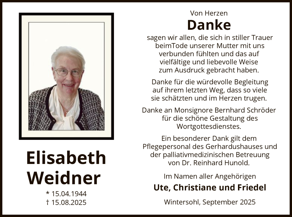  Traueranzeige für Elisabeth Weidner vom 27.09.2025 aus HASK
