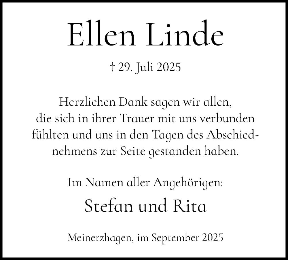  Traueranzeige für Ellen Linde vom 12.09.2025 aus HALN