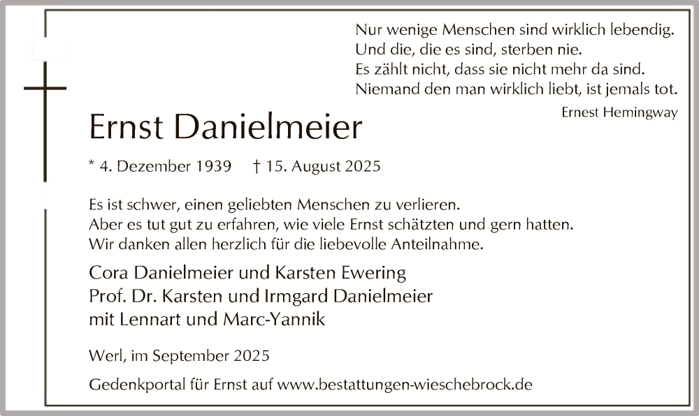  Traueranzeige für Ernst Danielmeier vom 27.09.2025 aus HASO