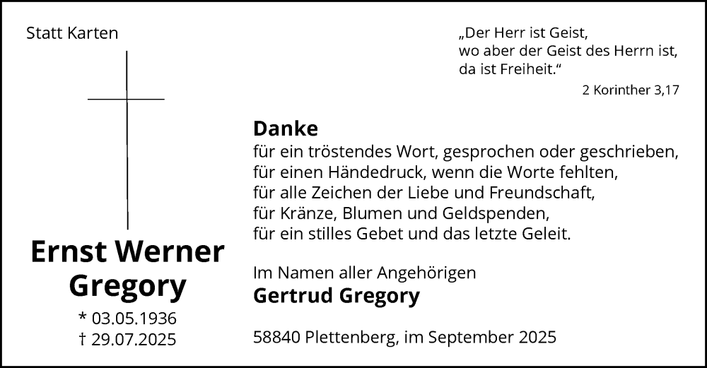  Traueranzeige für Ernst Werner Gregory vom 06.09.2025 aus HALN