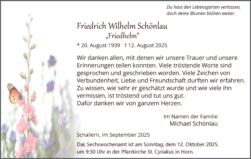  Traueranzeige für Friedrich Wilhelm Schönlau vom 27.09.2025 aus HASO