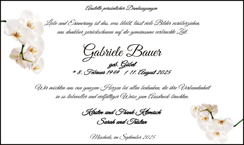 Traueranzeige für Gabriele Bauer vom 27.09.2025 aus HASK
