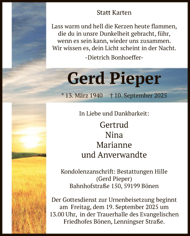  Traueranzeige für Gerd Pieper vom 13.09.2025 aus HAWA