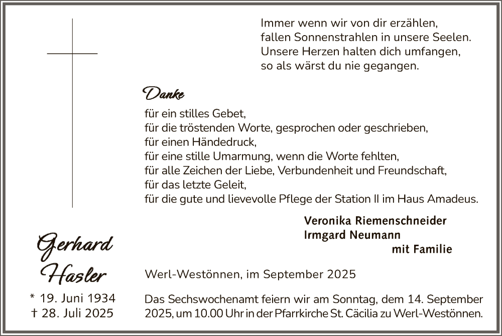  Traueranzeige für Gerhard Hasler vom 10.09.2025 aus HASO