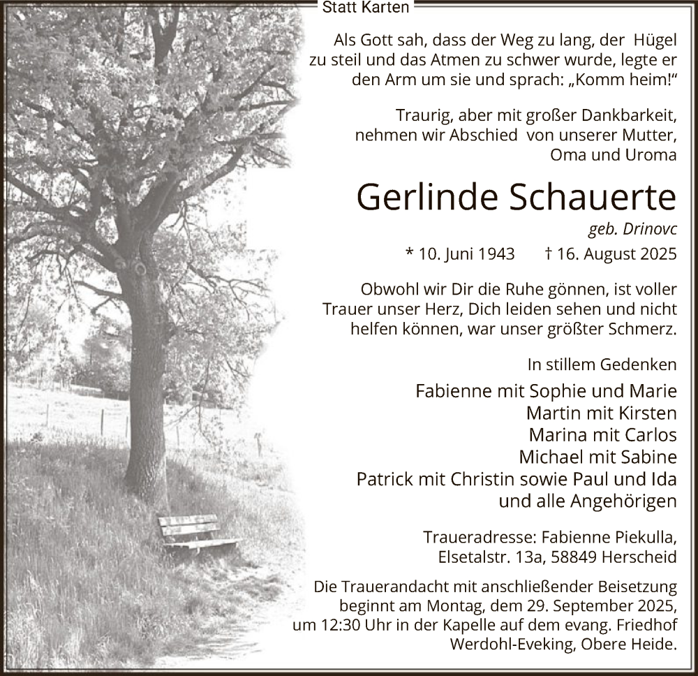  Traueranzeige für Gerlinde Schauerte vom 20.09.2025 aus HALN