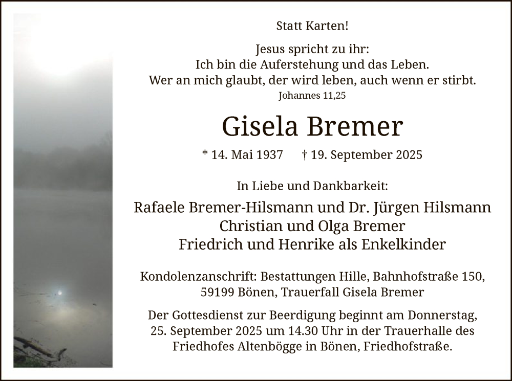  Traueranzeige für Gisela Bremer vom 22.09.2025 aus HAWA