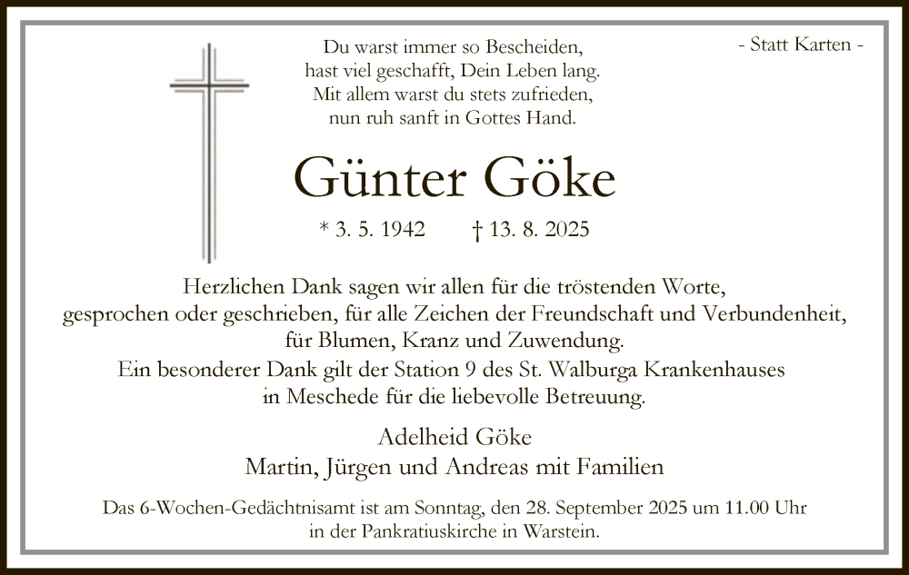 Traueranzeige für Günter Göke vom 13.09.2025 aus HASO