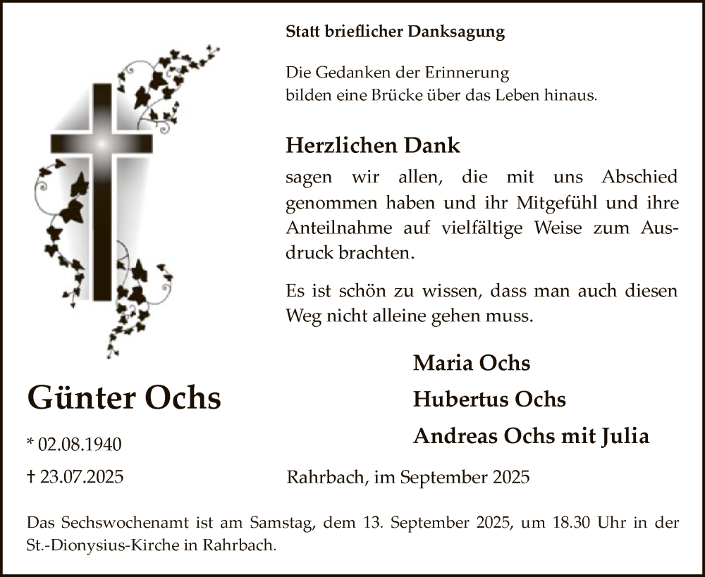  Traueranzeige für Günter Ochs vom 06.09.2025 aus HASK