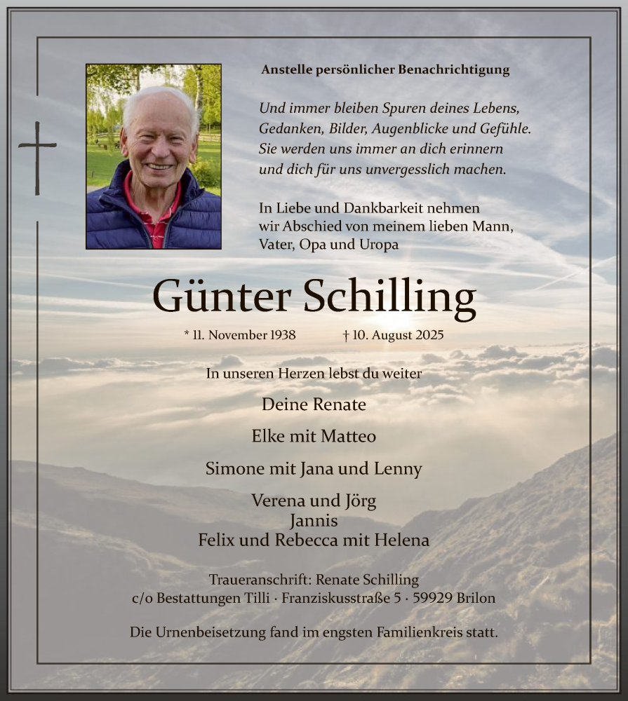  Traueranzeige für Günter Schilling vom 06.09.2025 aus HASK