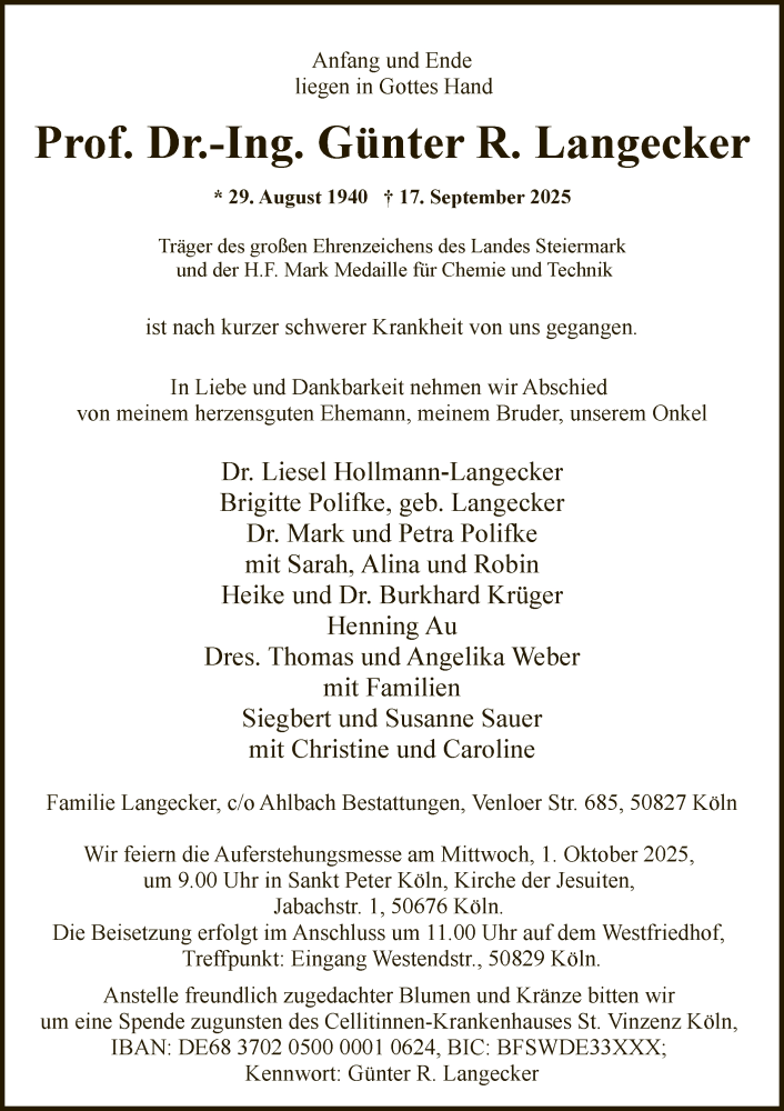  Traueranzeige für Günter R. Langecker vom 27.09.2025 aus HALN