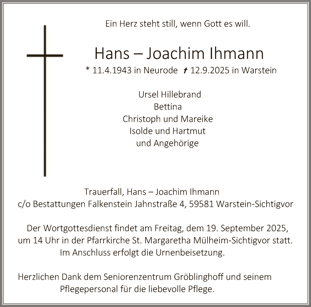  Traueranzeige für Hans-Joachim Ihmann vom 17.09.2025 aus HASO