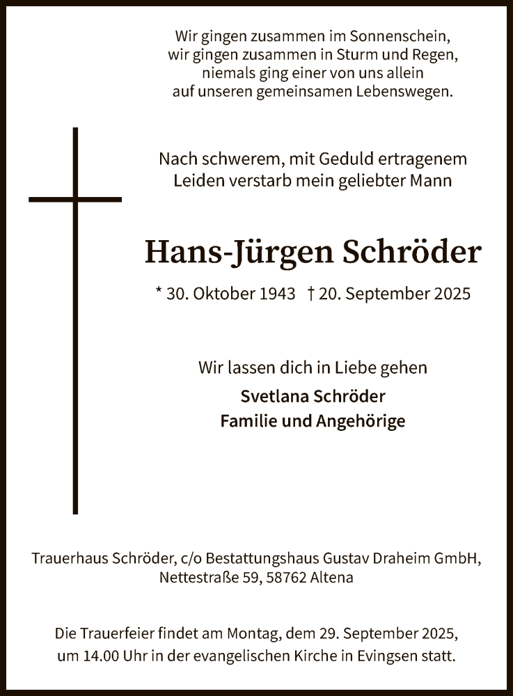  Traueranzeige für Hans-Jürgen Schröder vom 25.09.2025 aus HALN