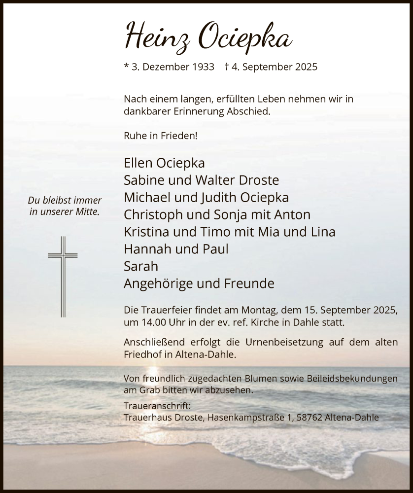 Traueranzeige für Heinz Ociepka vom 10.09.2025 aus HALN