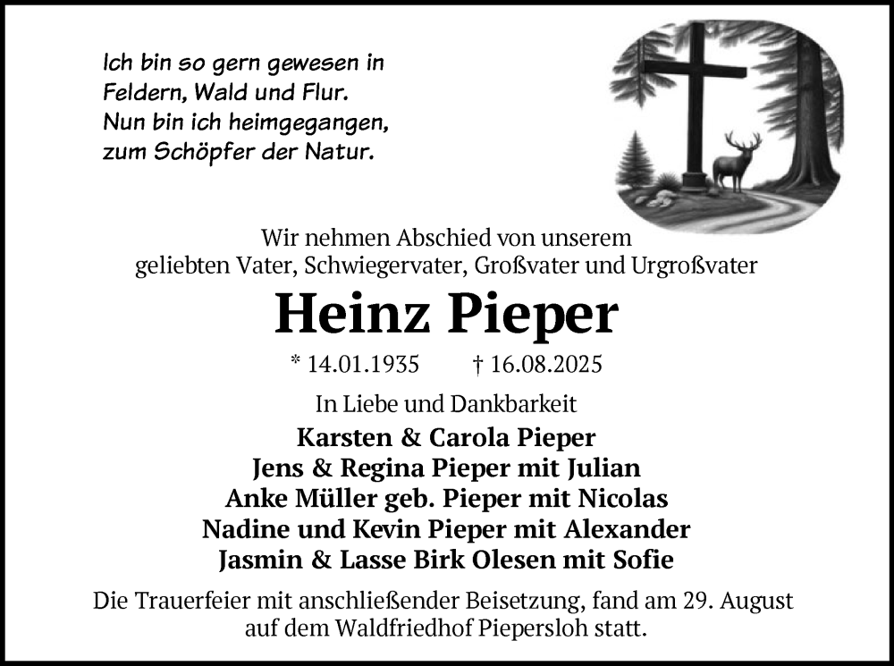  Traueranzeige für Heinz Pieper vom 13.09.2025 aus HALN