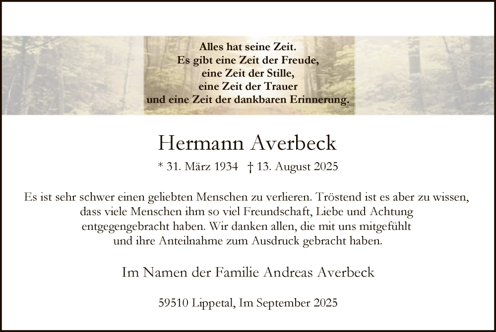  Traueranzeige für Hermann Averbeck vom 20.09.2025 aus HASO