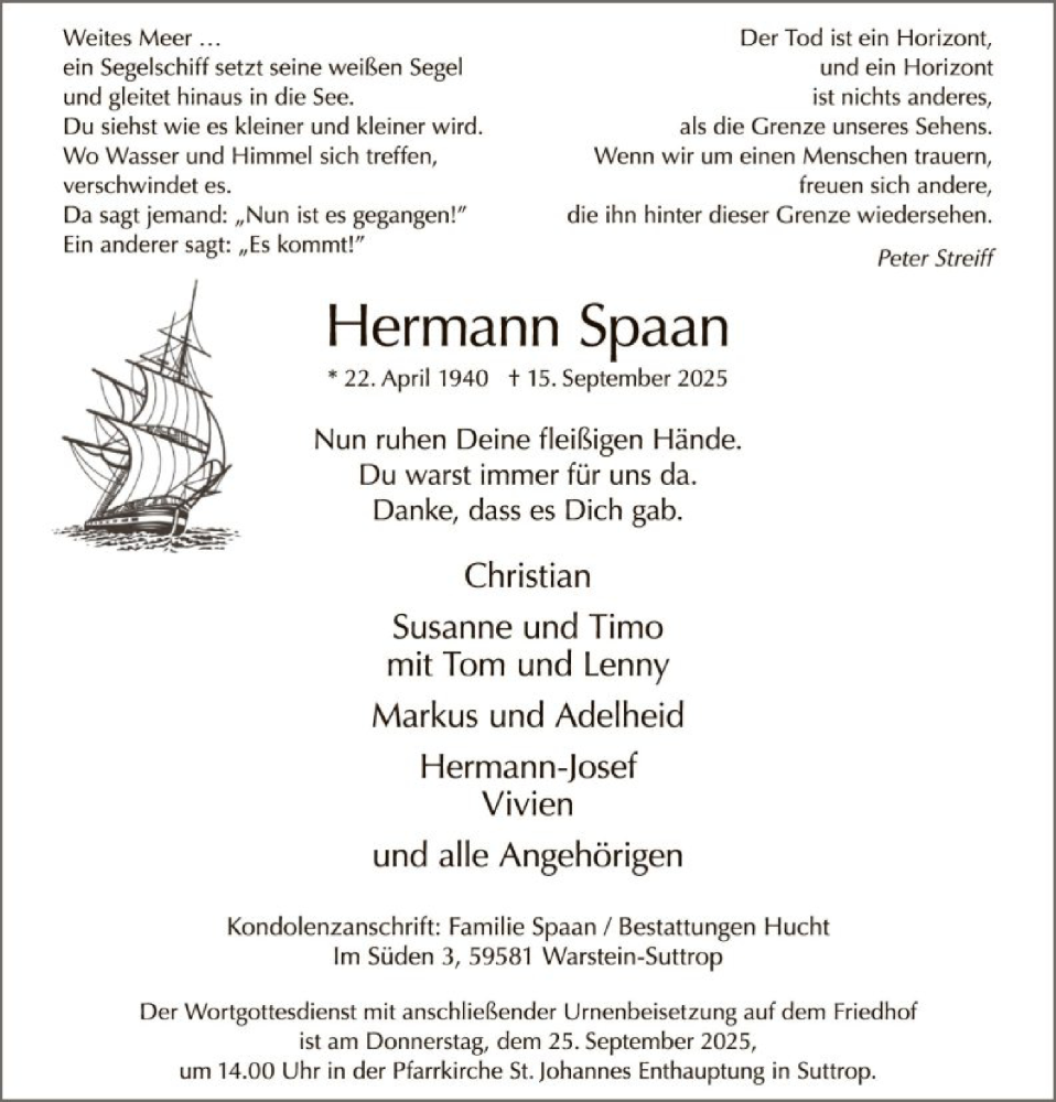  Traueranzeige für Hermann Spaan vom 19.09.2025 aus HASO