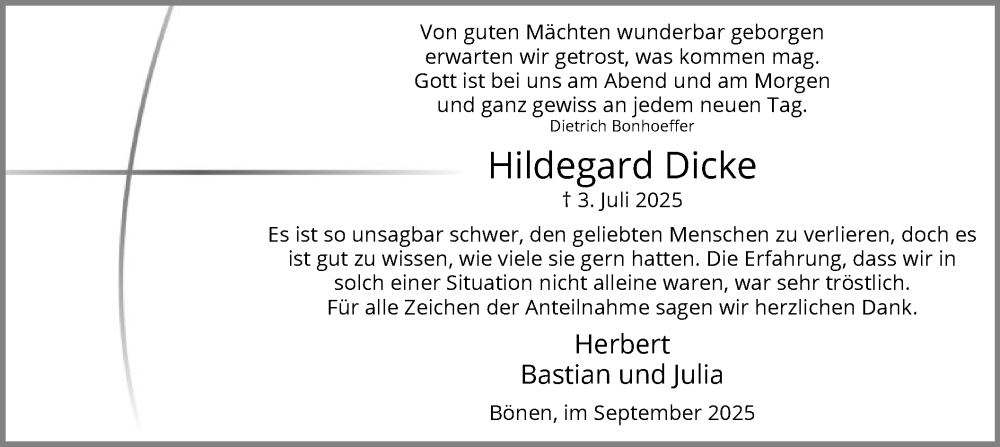  Traueranzeige für Hildegard Dicke vom 20.09.2025 aus HAWA
