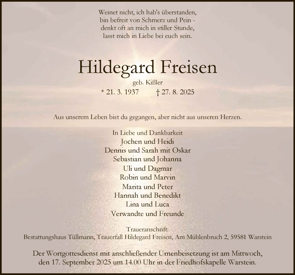  Traueranzeige für Hildegard Freisen vom 06.09.2025 aus HASO