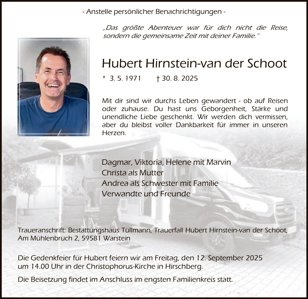  Traueranzeige für Hubert Hirnstein-van der Schoot vom 06.09.2025 aus HASO