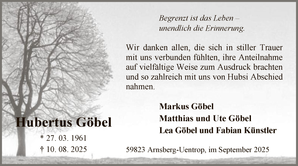  Traueranzeige für Hubertus Göbel vom 20.09.2025 aus HASK