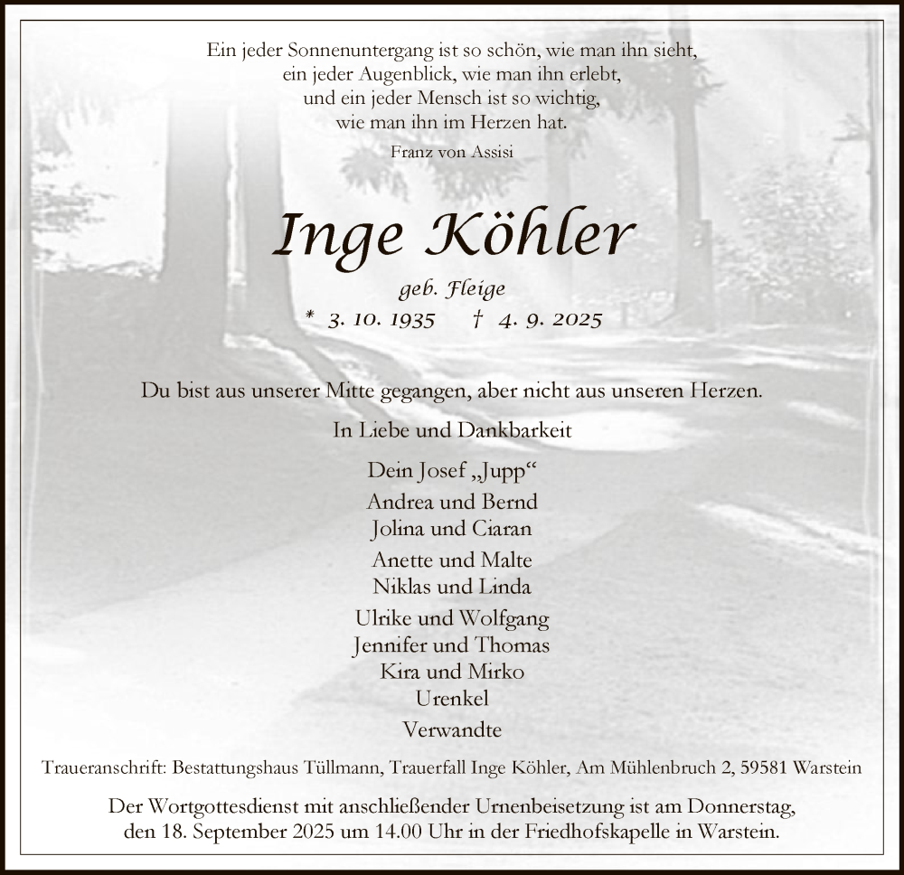  Traueranzeige für Inge Köhler vom 13.09.2025 aus HASO
