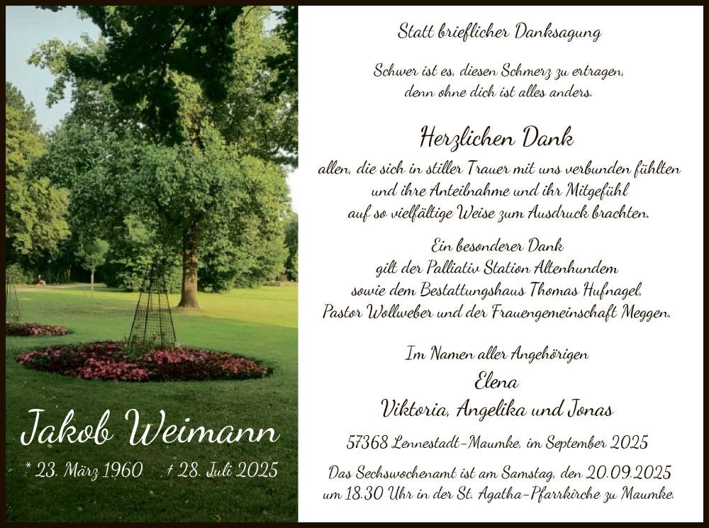  Traueranzeige für Jakob Weimann vom 13.09.2025 aus HASK